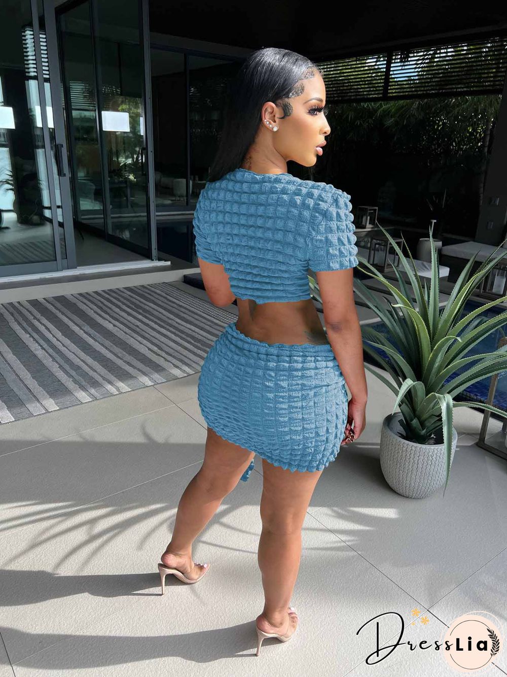 Short Sleeve Crop Tops Lace Up Skirts Two Piece Set