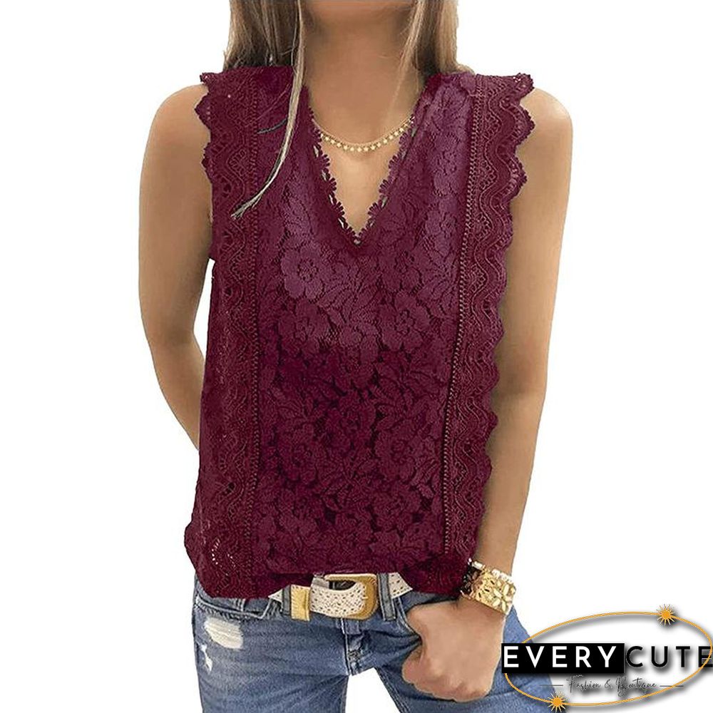 V Neck Ruffled Lace Hollow Shirt