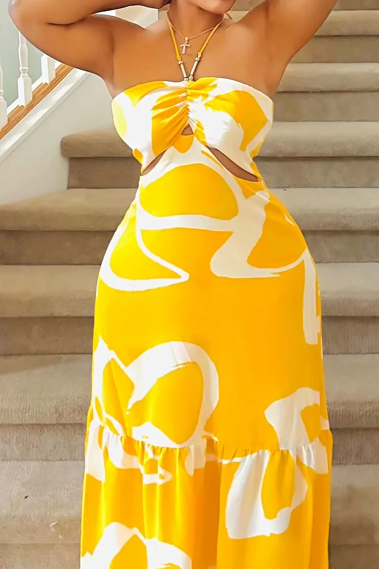 Print Ruched Halter Cutout Quilted Vacation Maxi Dresses-Yellow