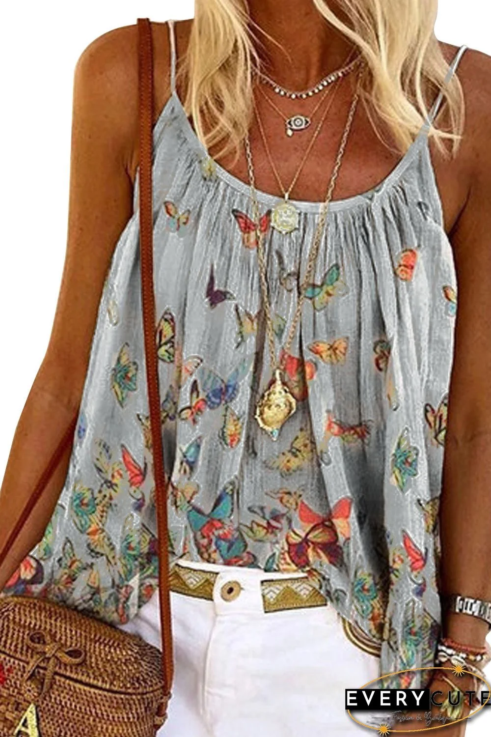 Gray Butterfly Print Slip Tank