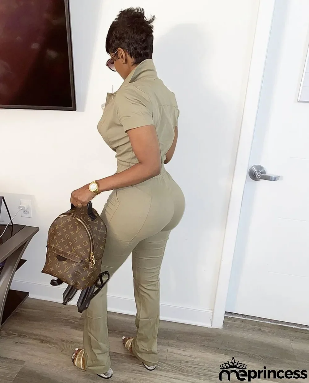 Summer Khaki Casual Button Up Collar Jumpsuit