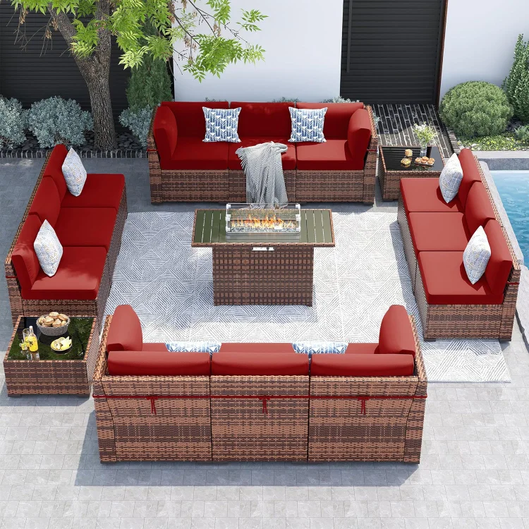 Patio Furniture Set with 44'' Fire Pit Table,Modular Outdoor Furniture Sets,Slanted Back Outdoor Sectional Conversation Set PE Rattan Sofa for Backyard W/Coffee Table,4'' Cushions,15PCS