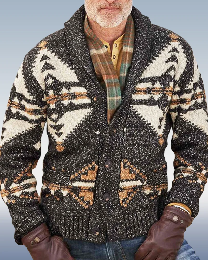 Men's Black Blue Long Sleeve Jacquard Cardigan Sweater