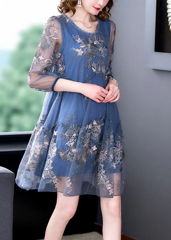 Women Blue Embroideried Patchwork Ruffled Tulle A Line Dress Summer