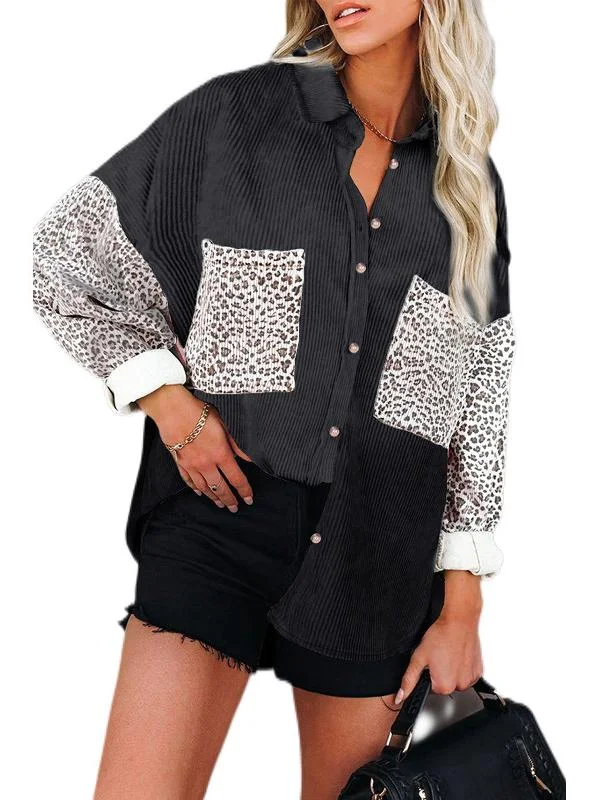 Women Long Sleeve Scoop Neck Leopard Printed Pockets Top