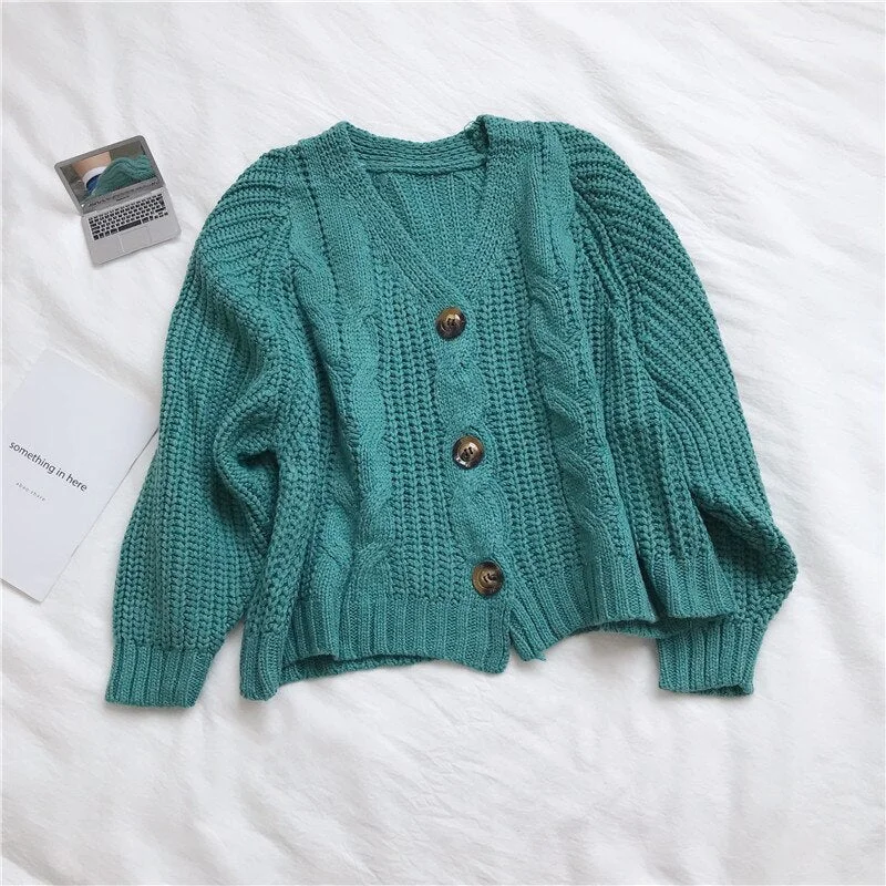 Women Cardigans New Fashion Solid Lantern Long Sleeve V-neck Twist Knitted Short Sweaters Korean Colorful Sweet Students Outwear