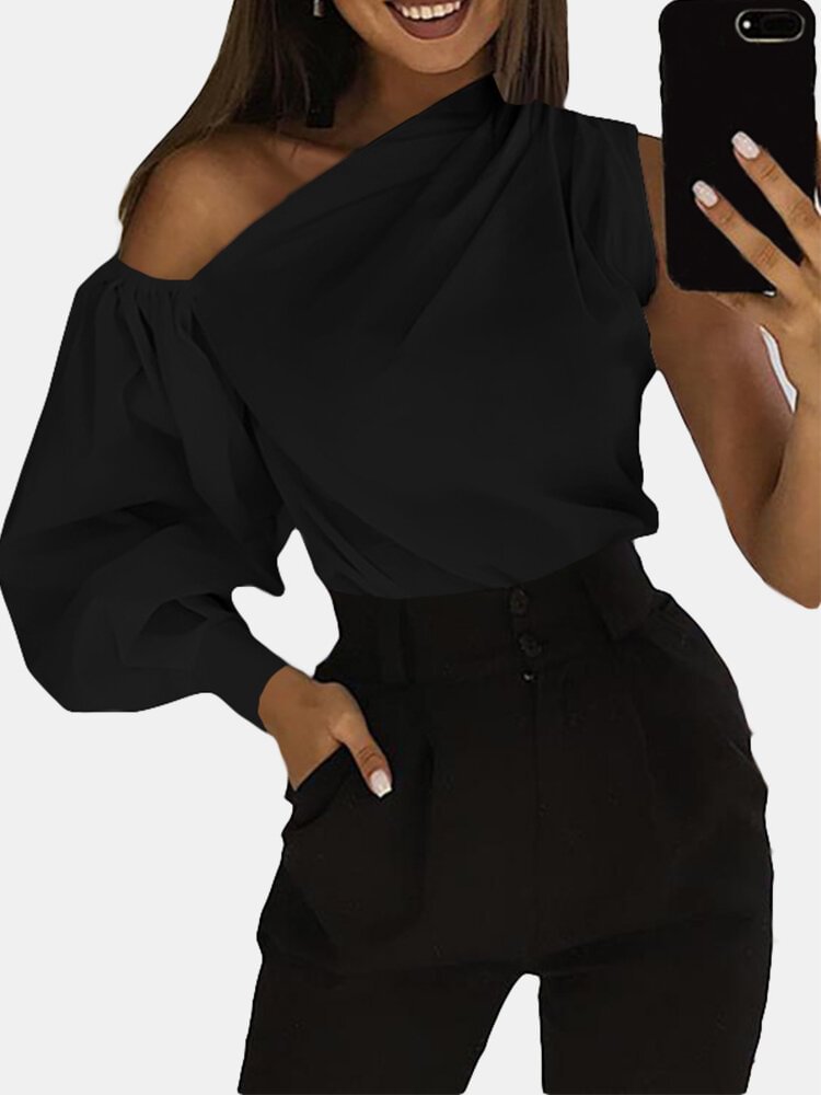 Sexy Puff Sleeve Solid Color One Shoulder Loose Blouse P1635714