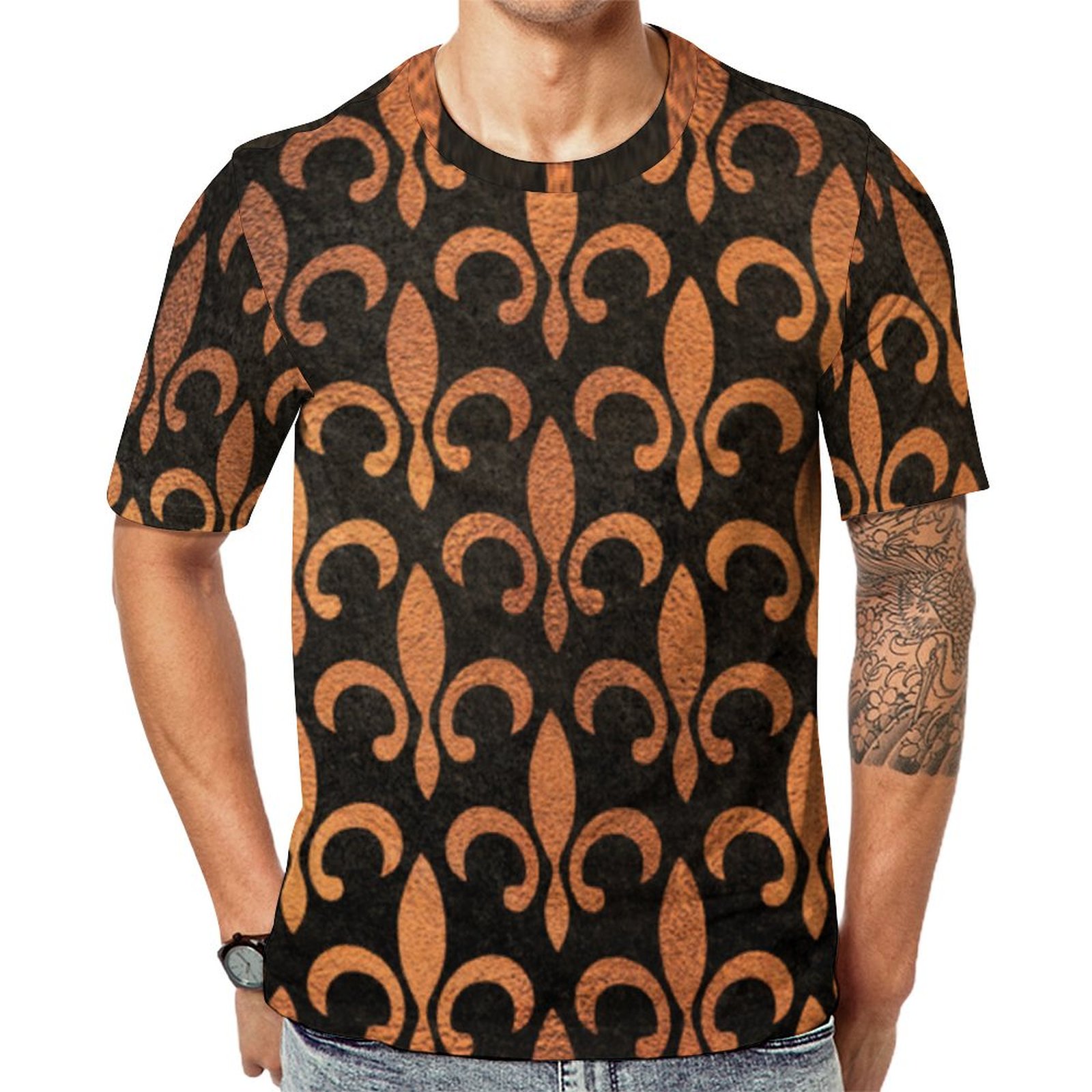 Vintage Orange Elegant Foil Effect Fleur De Lis Short Sleeve Print Unisex Tshirt Summer Casual Tees for Men and Women Coolcoshirts