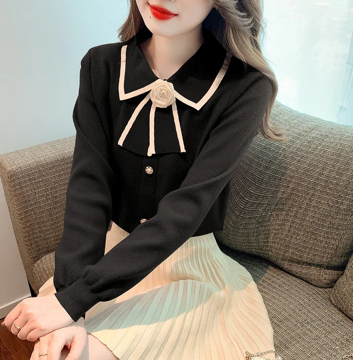 Uveng Uveng Autumn New Female Fragrant Wind Bottoming Spliced Temperament Sweater College Style Doll Collar Bow Knitted Shirt