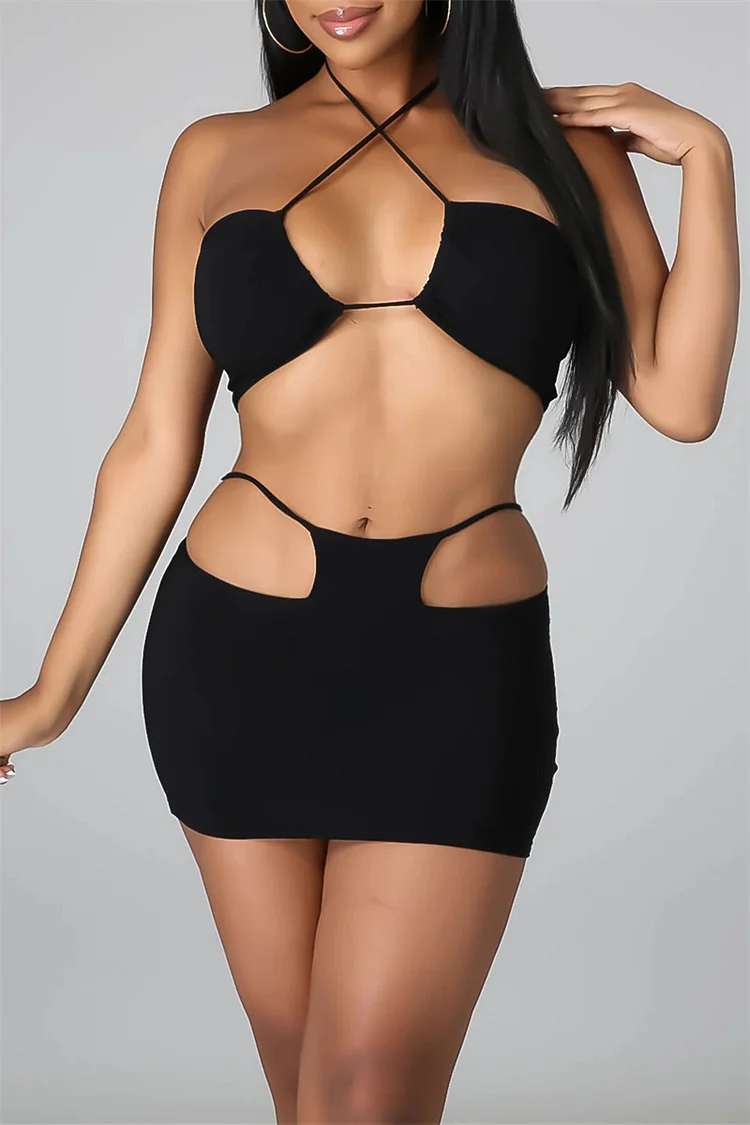 Black Fashion Sexy Solid Hollowed Out Backless Halter Sleeveless Two Pieces