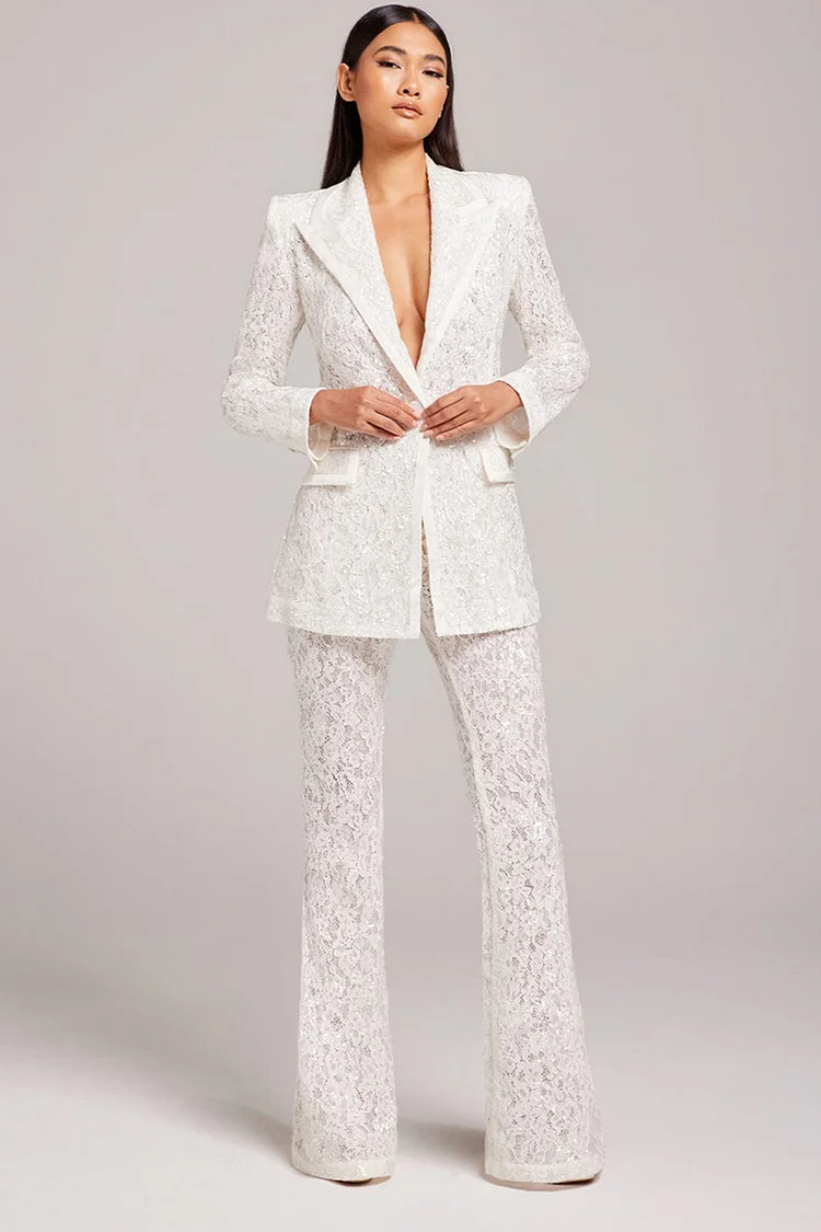 Lace Embroidered Hollow Out Sequin Two Piece Pant Set-White 