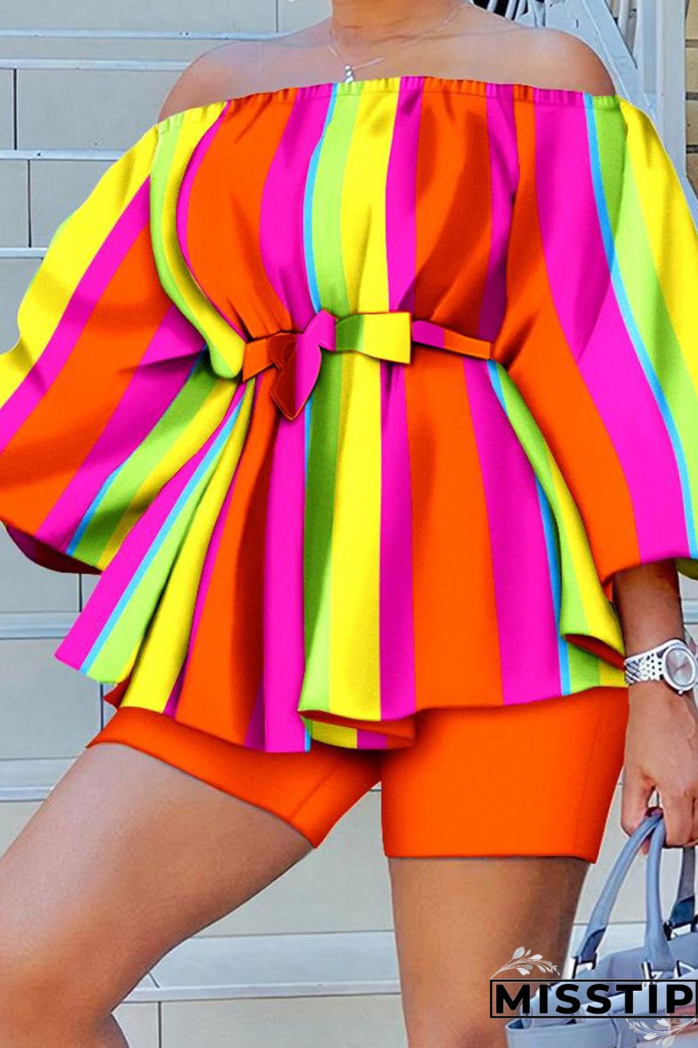 Green Yellow Casual Print Patchwork Off the Shoulder Long Sleeve Two Pieces