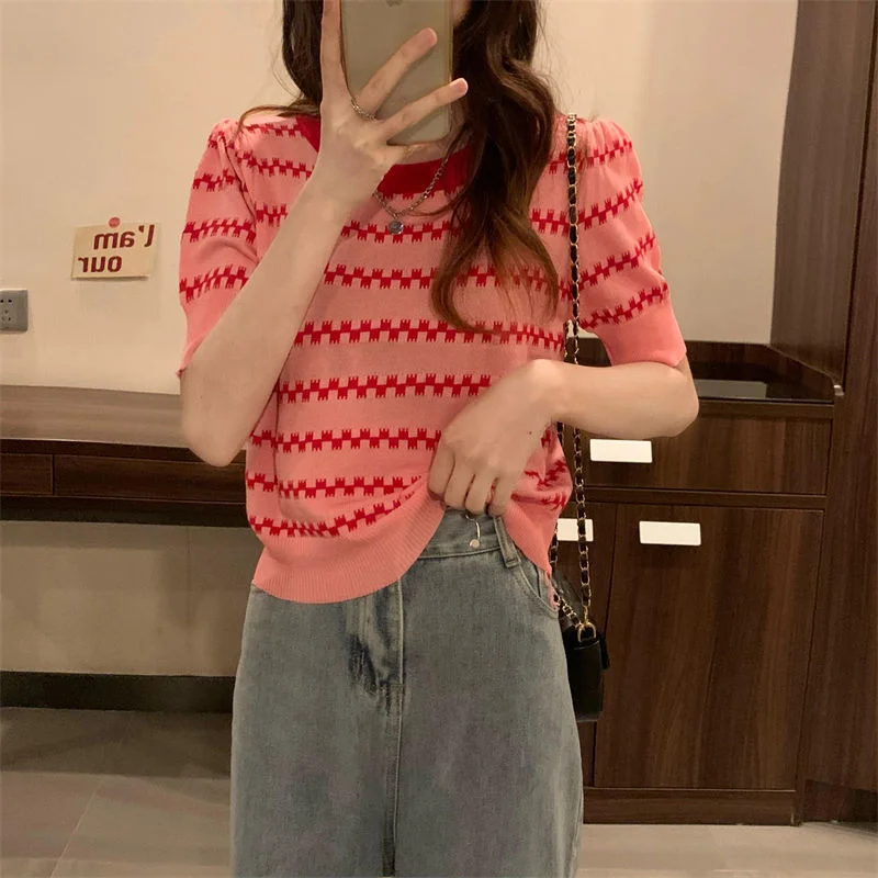 Uveng Uveng Ice Silk Striped Knitted Short-Sleeved T-Shirt For Women's 2023 Summer New High-Waisted Loose Bubble Sleeve Short Blouse