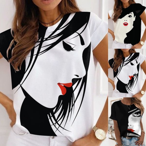 Summer Women's Fashion Casual Art Print Short Sleeve T-shirt Stylish Lady's Face Graphic Creative Tee Shirt Round Collar - Shop Trendy Women's Clothing | LoverChic