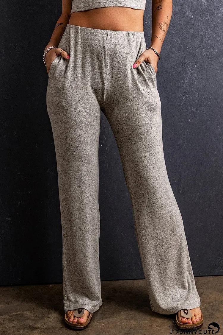 Light Gray High-Waisted Straight Leg Pants with Elastic Waist and Pockets