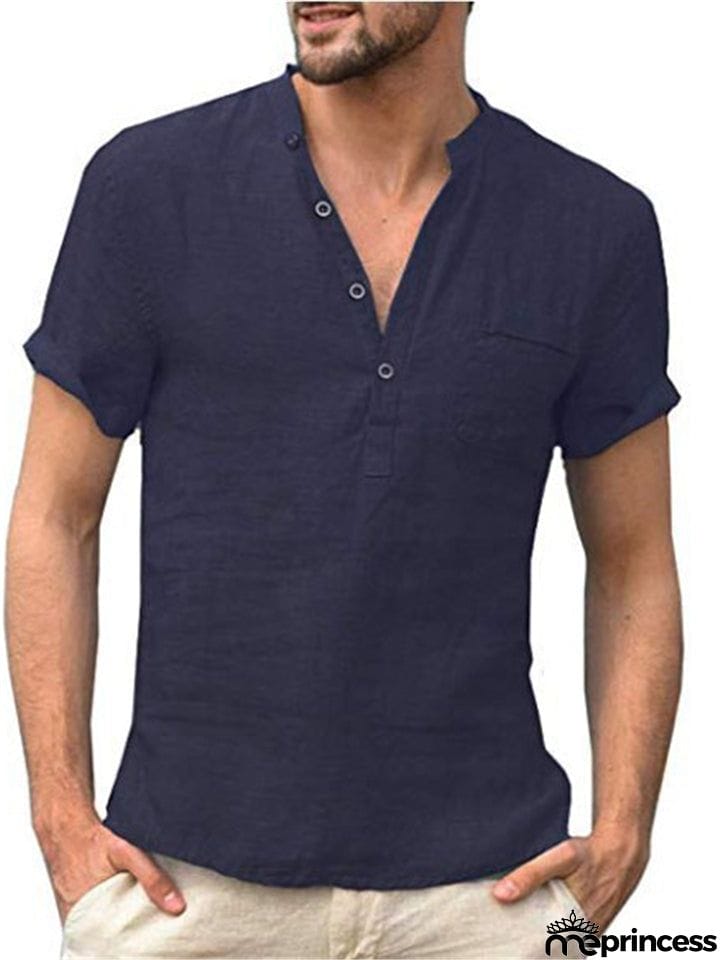 Men's Casual Comfy Short Sleeve Holiday Linen Shirts for Summer