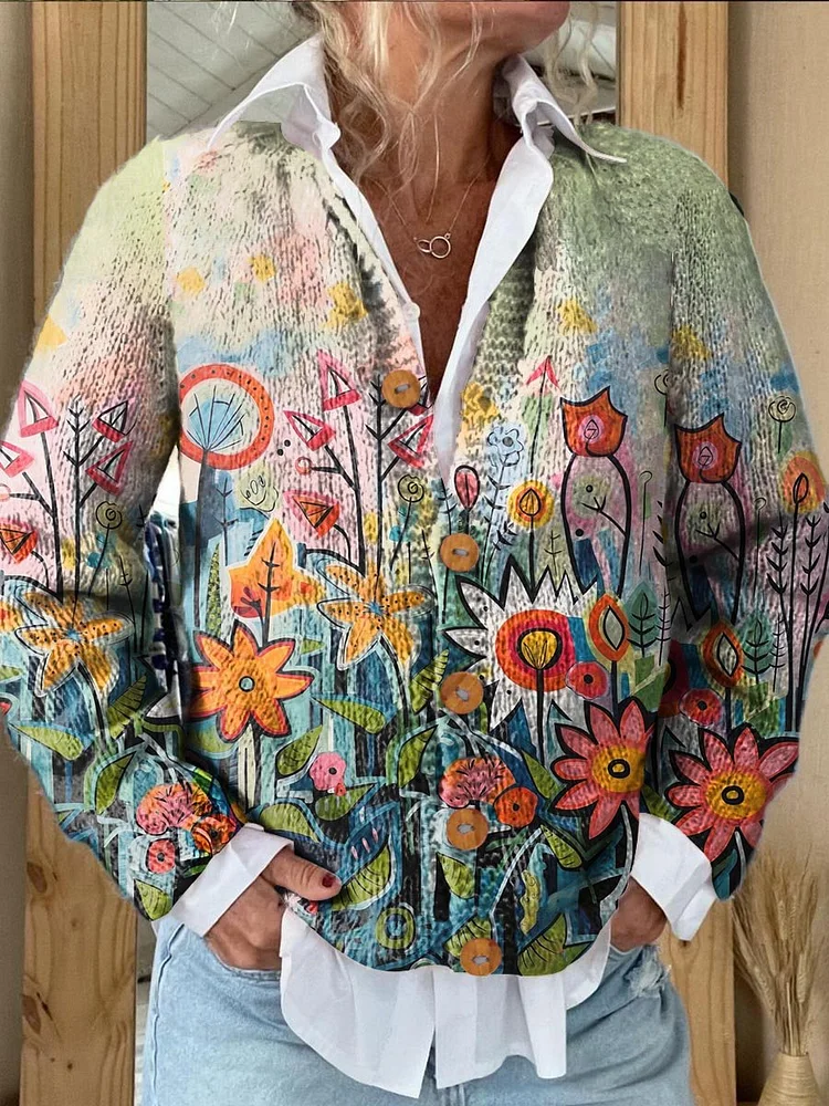 Flower Print Buttoned Cardigan Sweater
