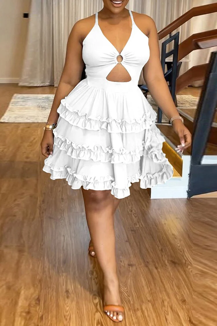 Cut Out Backless Halter A-Line Tiered Ruffled Wide Hem Birthday Party White Mini Dresses