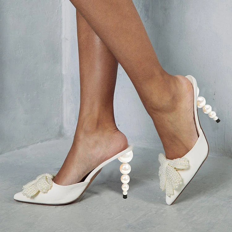White Leather Closed Pointed Toe Pearl Decor Mules With Decorative Heels |FSJ Shoes