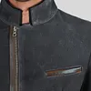 Men Vintage Stand Collar Suede Blazer Side Zip Fly Contrast Leather Webbing Medium Length Jacket Coats by Inlyline
