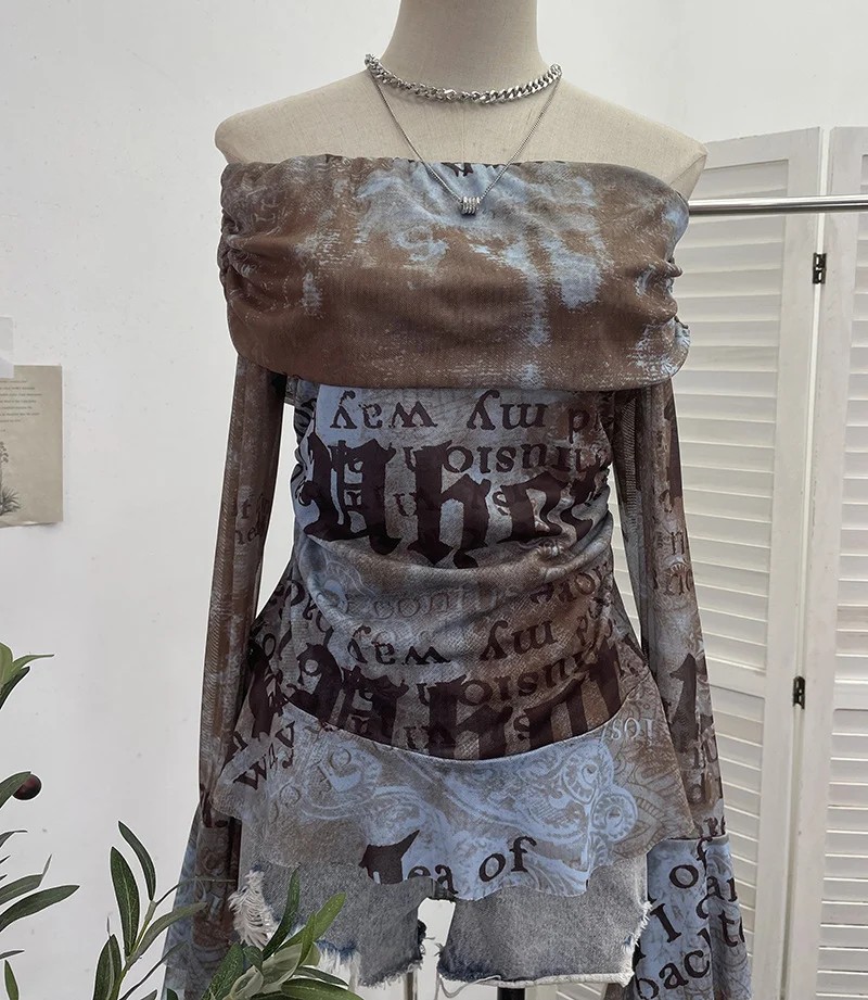 Uveng Real Shot Shoulder Strap Tie Dyed Net Shawl Shirt T-Shirt T-Shirt T-Shirt Design Folded Long-Sleeved T-Shirt 8003