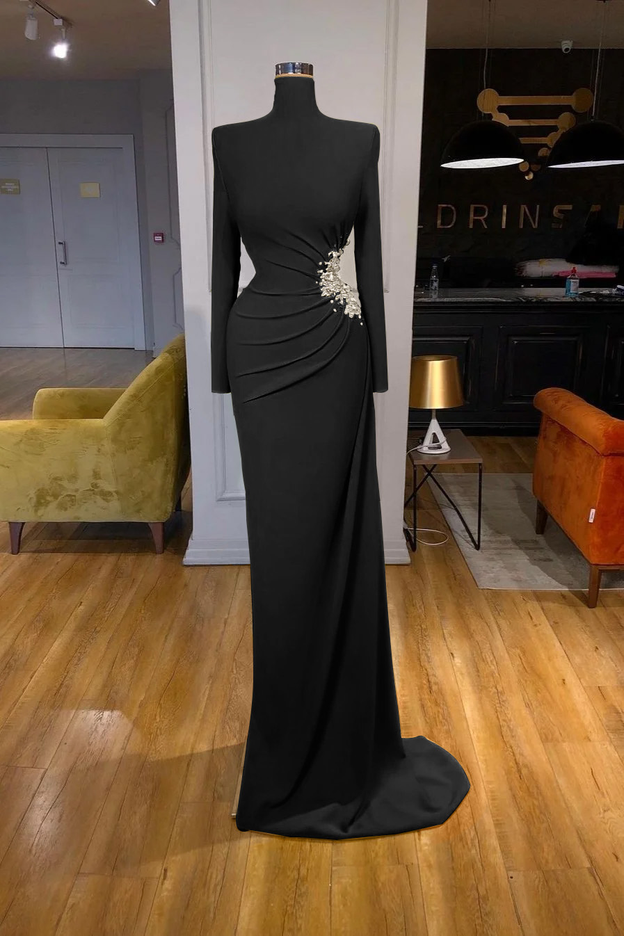 High-Neck Long-Sleeve Mermaid Evening Dress