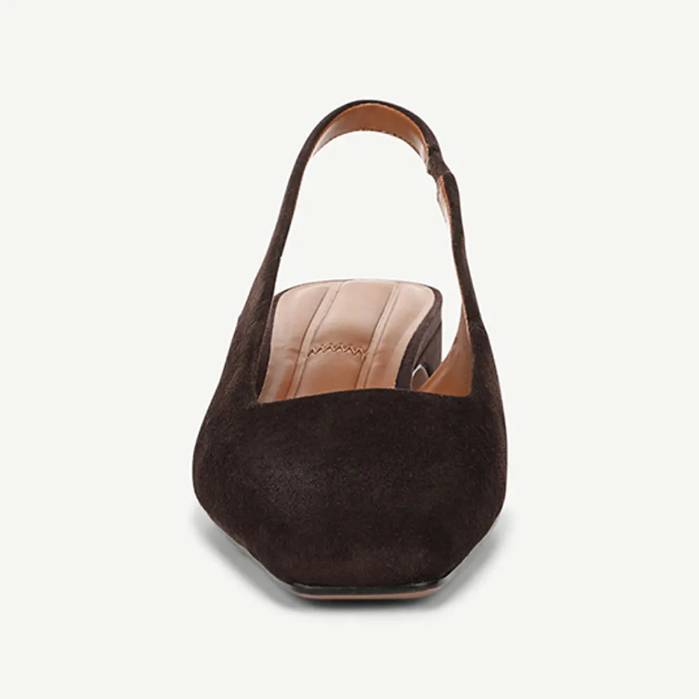 Brown Square Toe Chunky Heel Comfy Stretch Strap Slingback Pumps