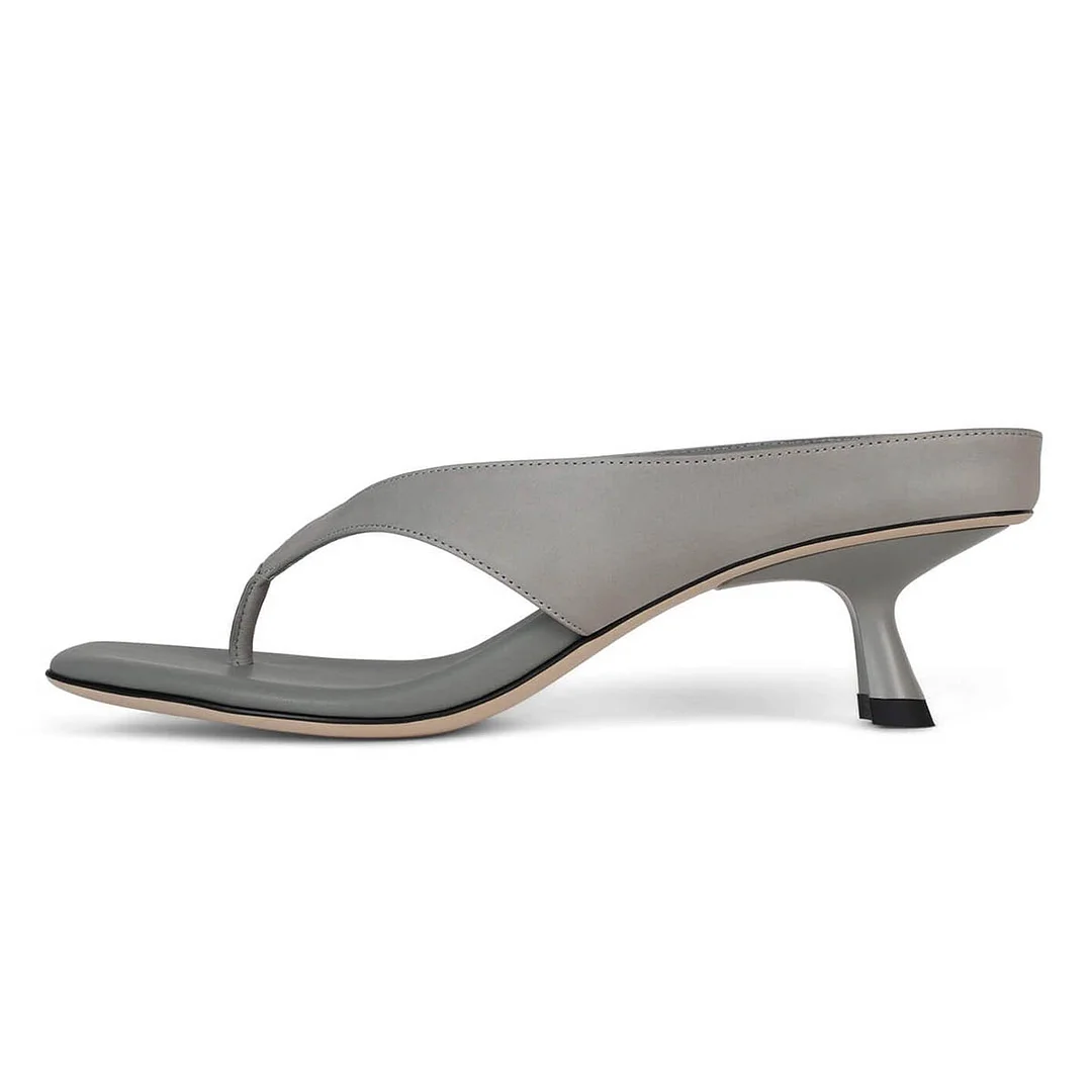 Grey Vegan Leather Open-Toe Spool Heel Flip Flops for Women