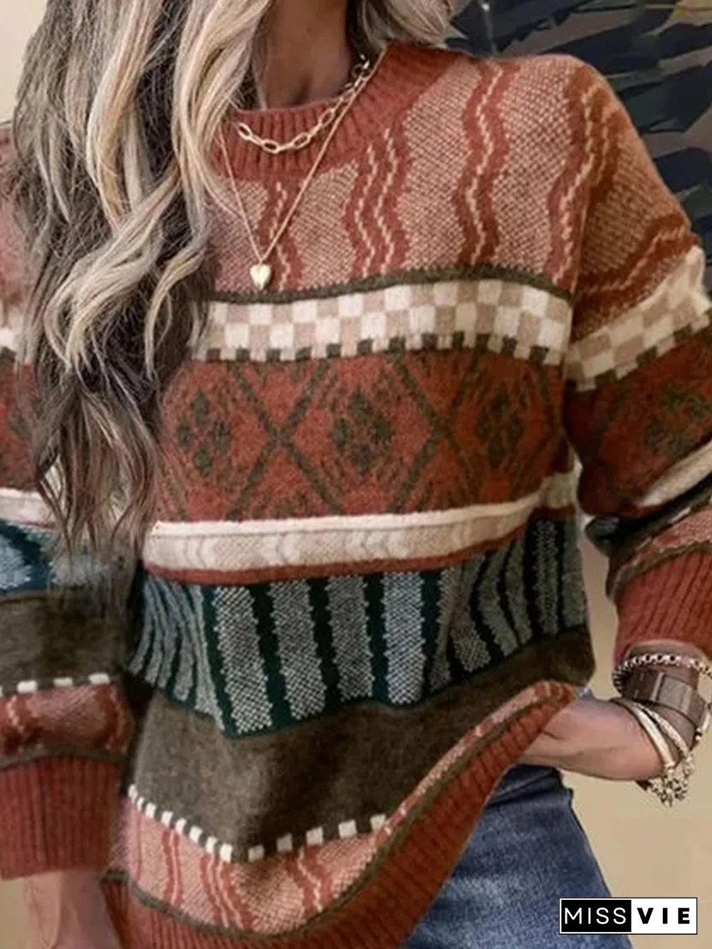 Women Vintage Autumn Printed High Elasticity Plus Size Long sleeve Crew Neck Cotton-Blend Sweater