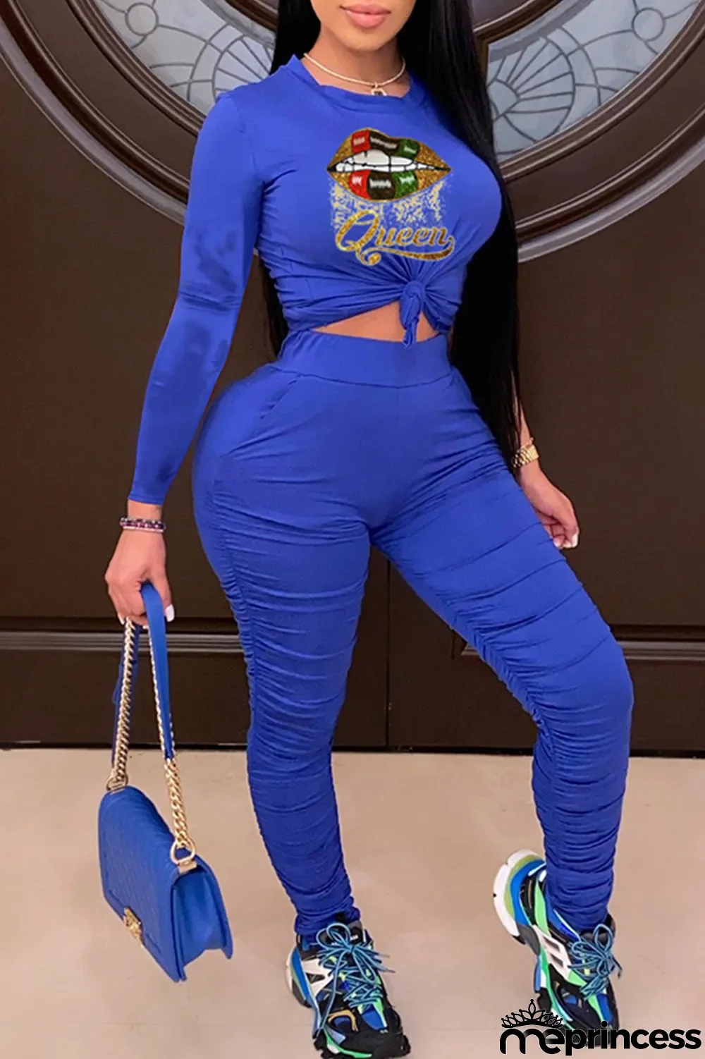 Burgundy Fashion Casual Print Fold O Neck Long Sleeve Two Pieces