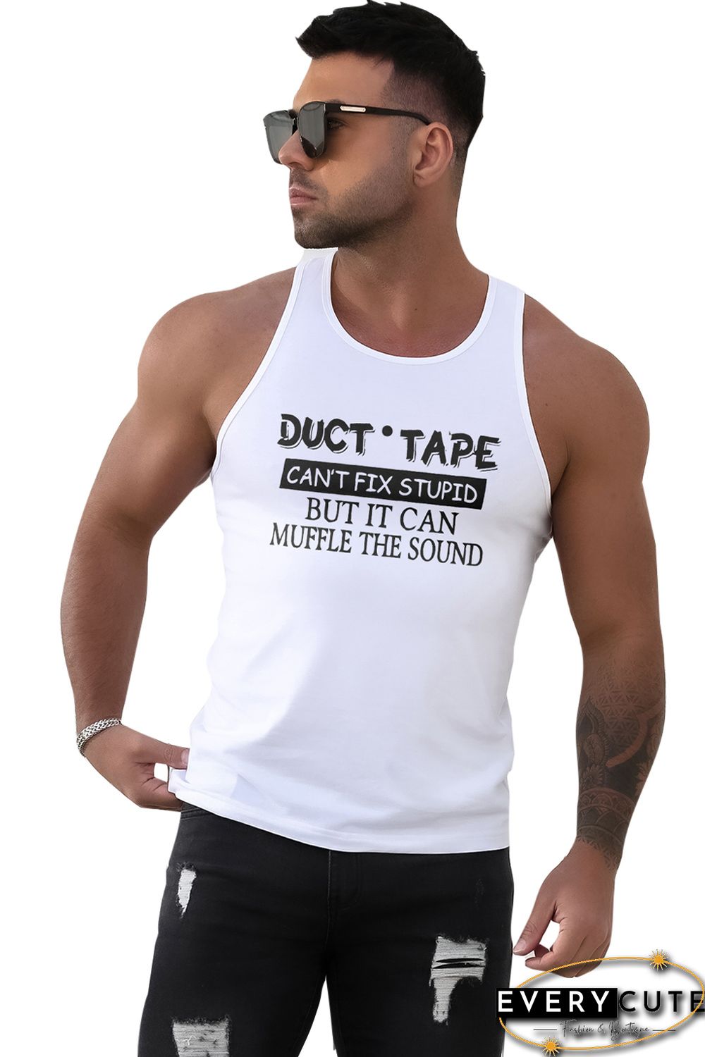 White DUCT TAPE Letter Print Muscle Fit Racerback Tank Top