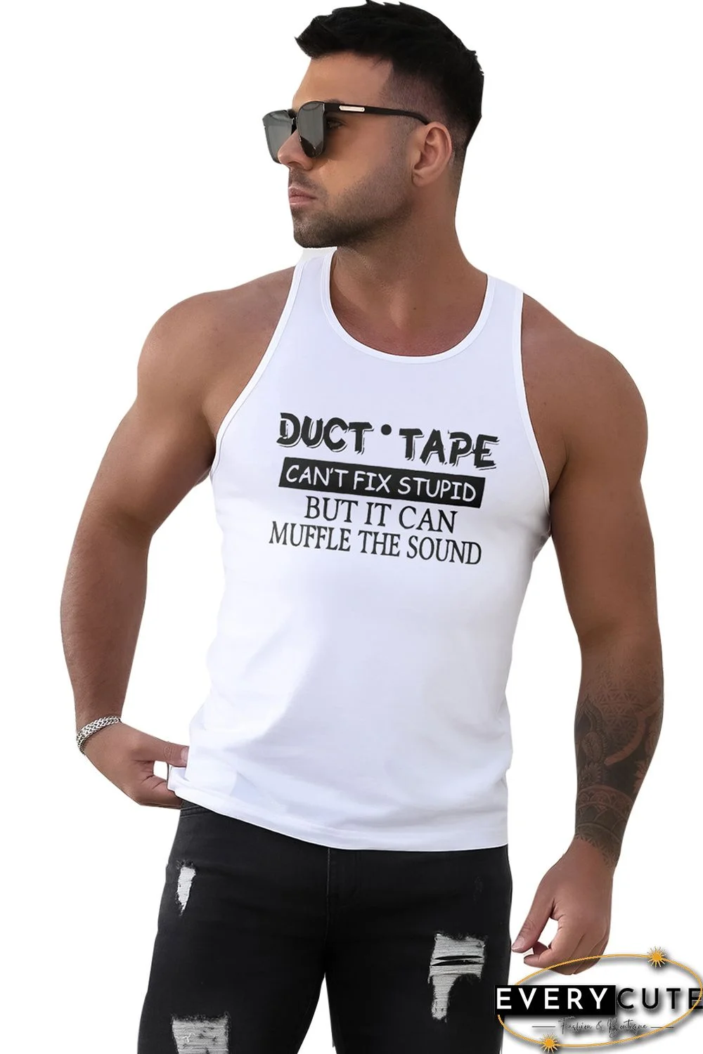 White DUCT TAPE Letter Print Muscle Fit Racerback Tank Top
