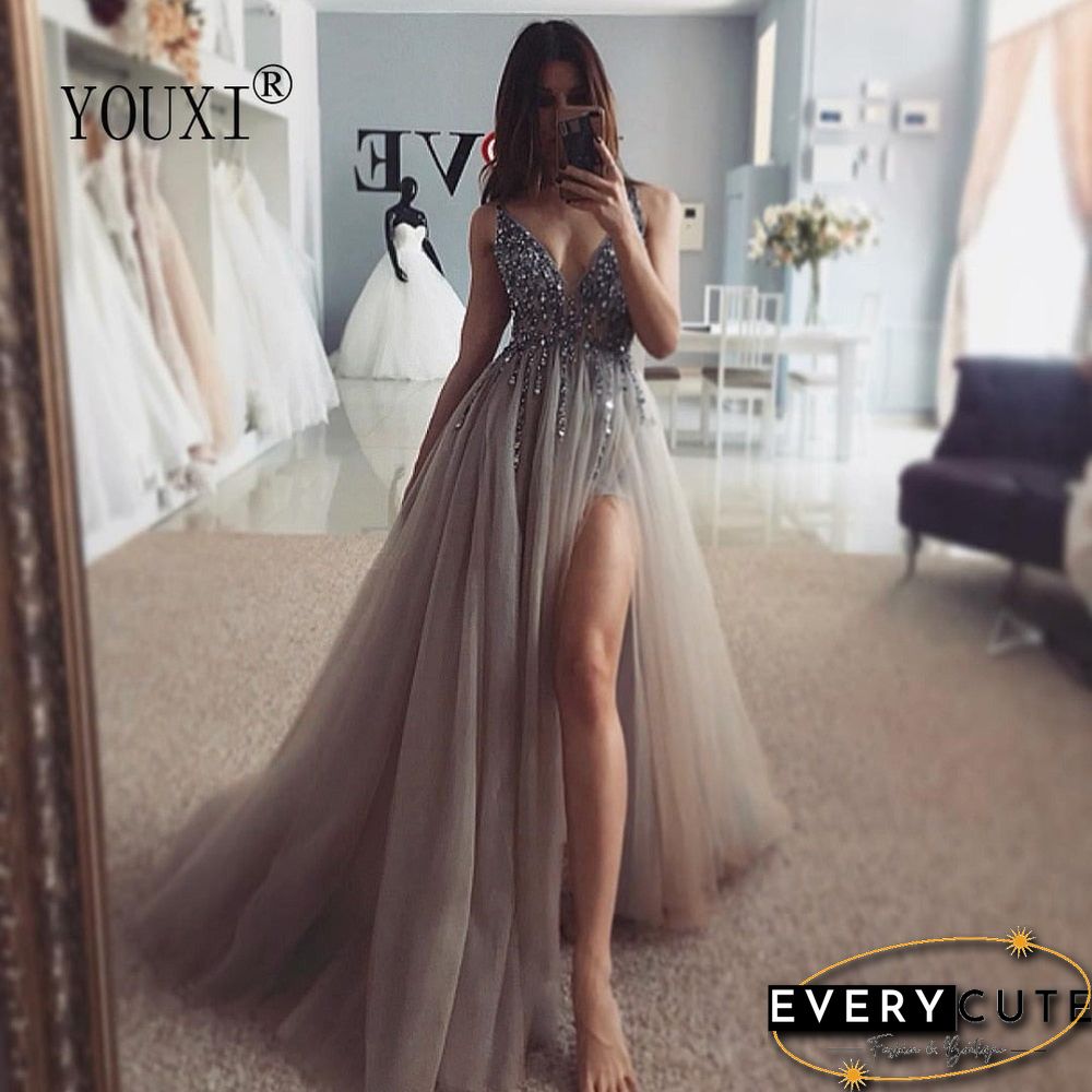 Light Gray Prom Dress Long Neck High Split Tulle Sweep Train Evening Gown A-Line Backless