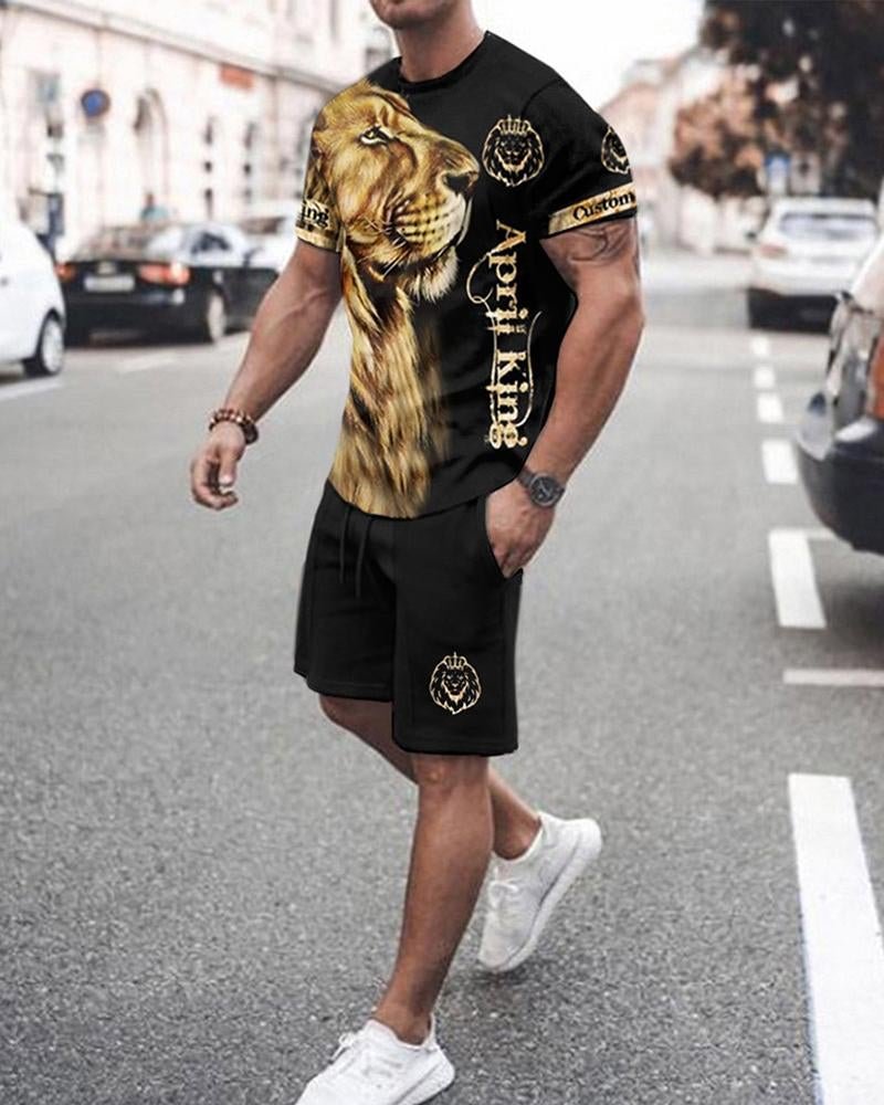 Men's Fashion 3D Lion Pattern Shorts Suit