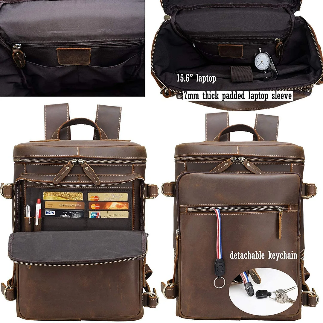 Vintage Genuine Leather Backpack for Men Fits 15.6 Inch Laptop Brown Travel Rucksack College School Book Bag Daypa