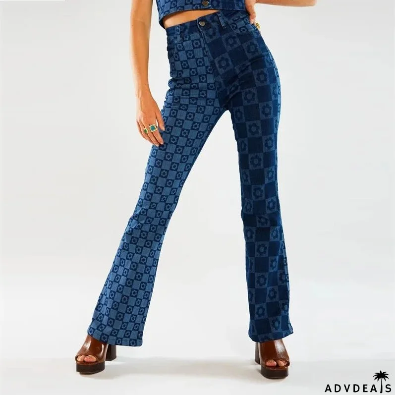 Stretch Fashion Print Women's High Waist Flare Women Long Summer Casual Streetwear Denim Pant Jean