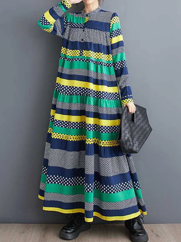 Split-Joint Polka-Dot Buttoned Loose Long Sleeves Round-Neck Midi Dresses