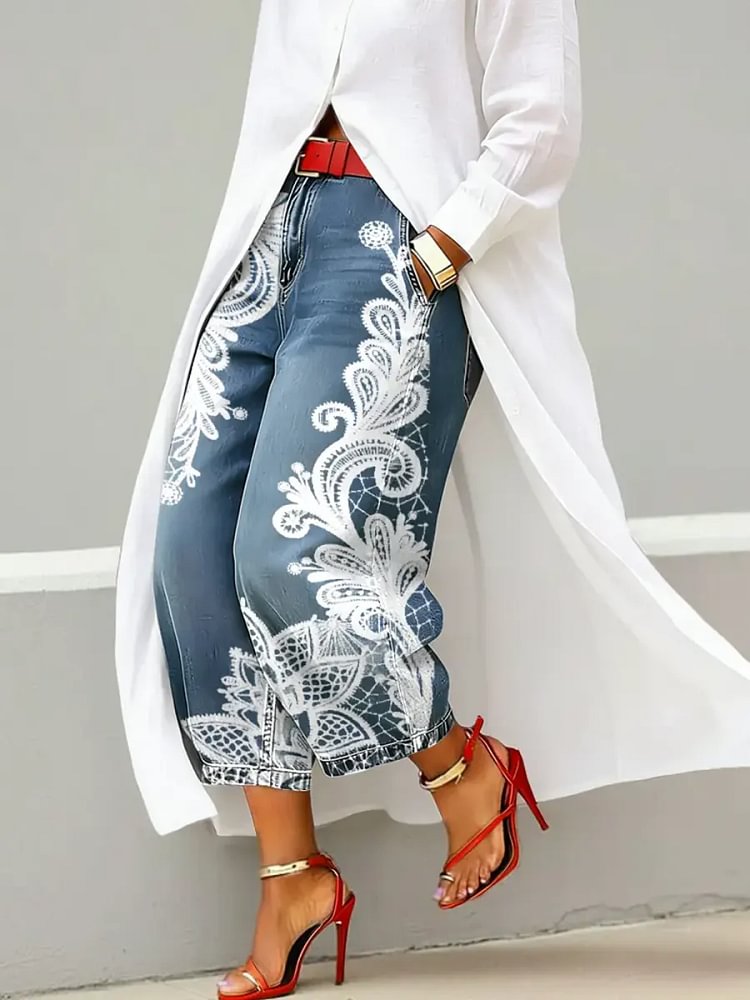Women's Abstract Art Print Casual Loose Wide-leg Denim Pants