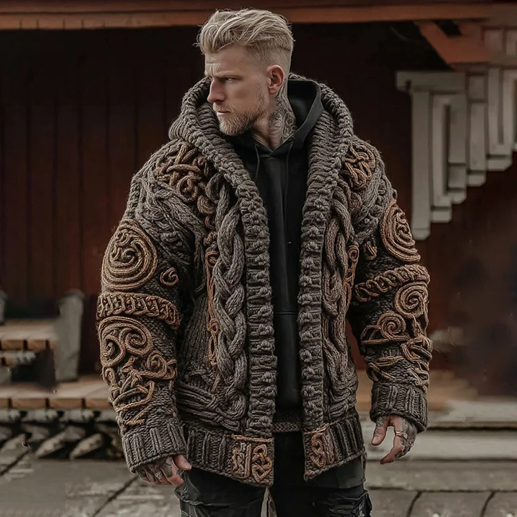 Men's Viking Celtic Knot Geometry Pattern Art Knitted Hooded Sweater