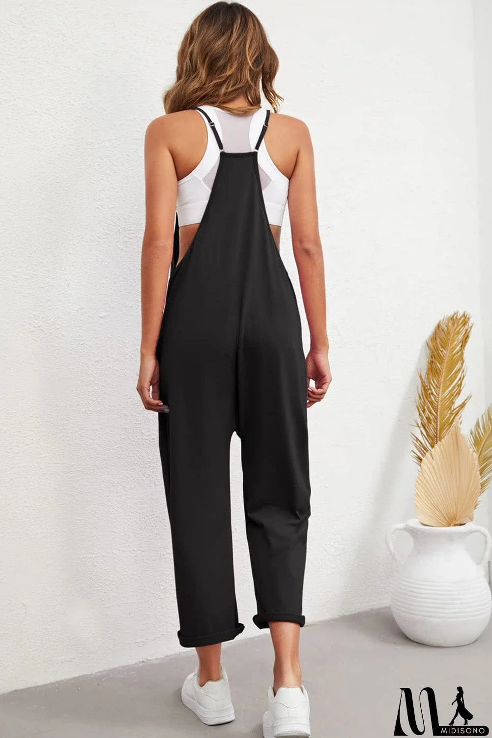 MidiSono - Pocketed Adjustable Spaghetti Strap Straight Leg Jumpsuit