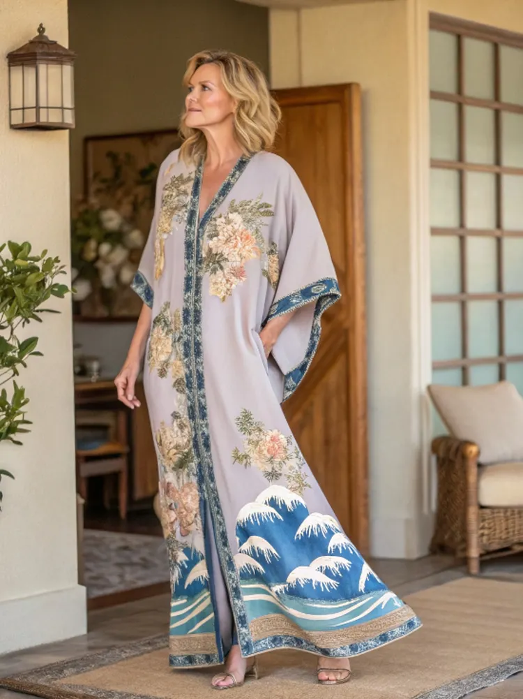 Light Robe Japanese Japanese Scenery Print Pinted Zippered Cotton Robe