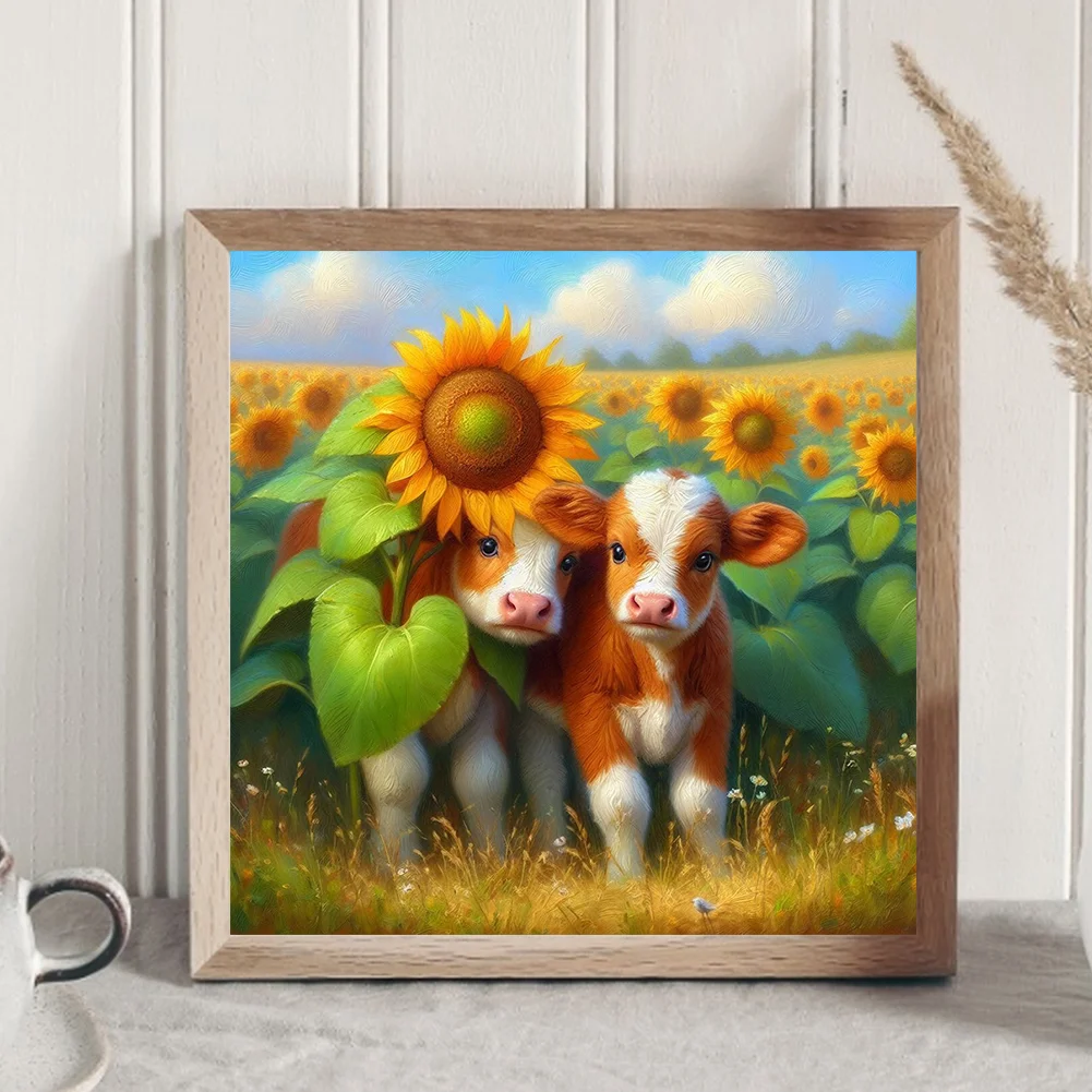 Diamond Painting - Full Round Drill - Sunflower Field Two Cows(Canvas|30*30cm)