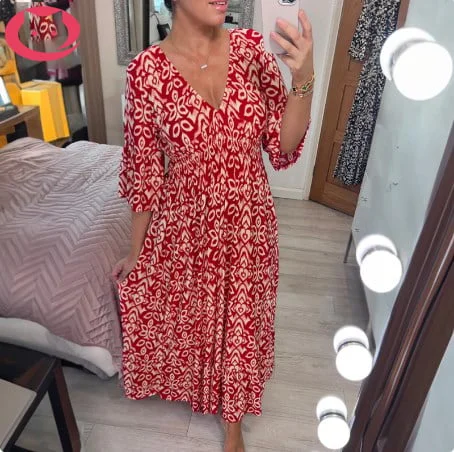 🔥Bohemian casual print V-neck waist wrap long dress 