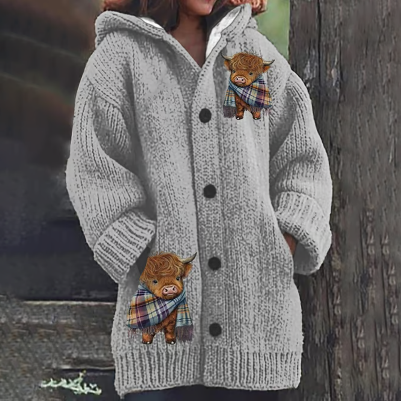 Cute Highland Cow In Plaid Print Cozy Cardigan Sweater