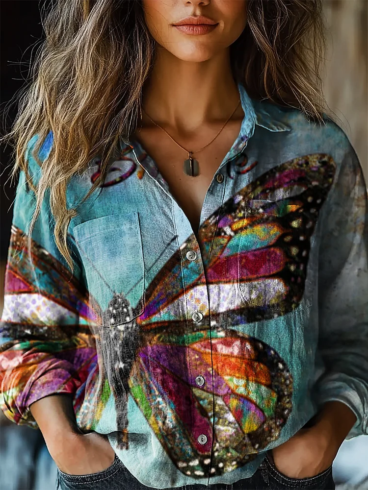 Women's Hippie Butterfly Art Print Casual Long Sleeve Comfortable Cotton Shirt