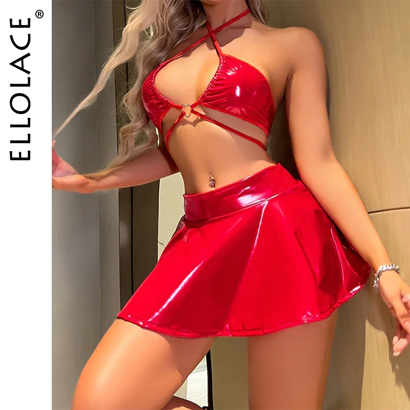 Billionm Ellolace Fetish Pvc Lingerie PU Leather Setup Ladies Skirt Underwear Red Set Woman 2 Pieces Cross Bra Sexy Outfits