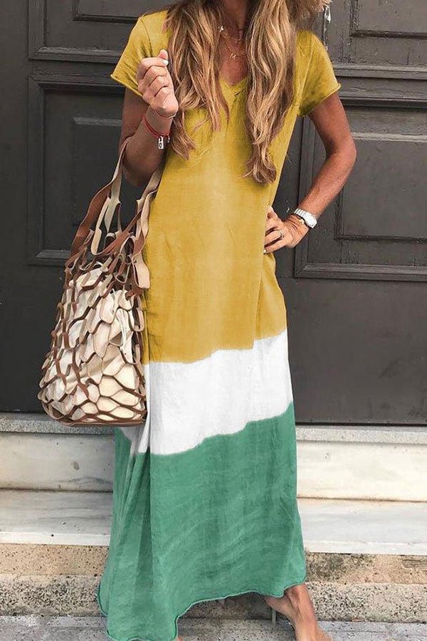 Tri-colored V-neck Maxi Dress With Short Sleeves - Shop Trendy Women's Clothing | LoverChic