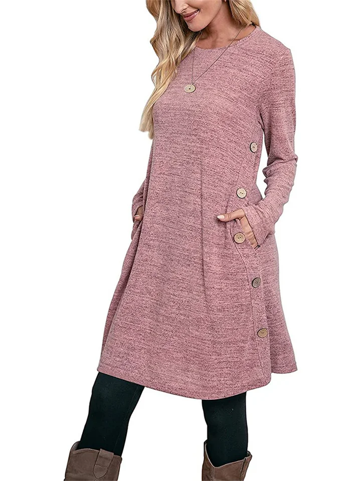 Casual Loose Solid Color Pullover Round Neck Button Embellished Long Sleeve Women's Dresses Women's Midi Dresses-JRSEE