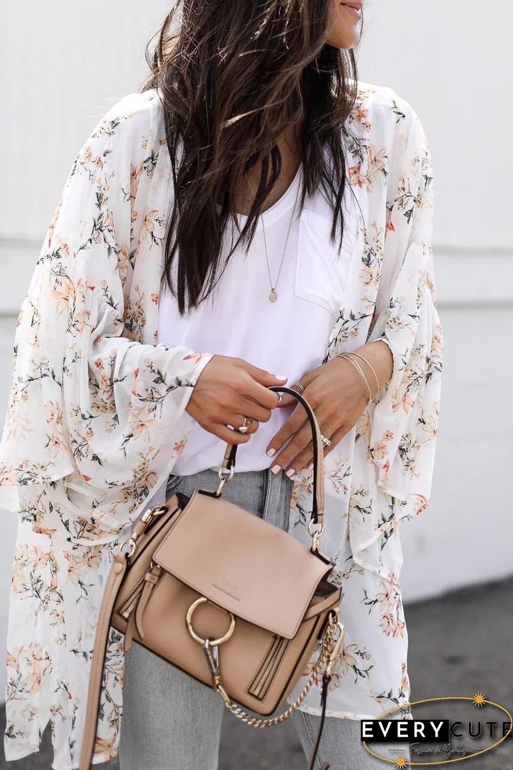 White Floral Print Ruffled Long Sleeves Kimono
