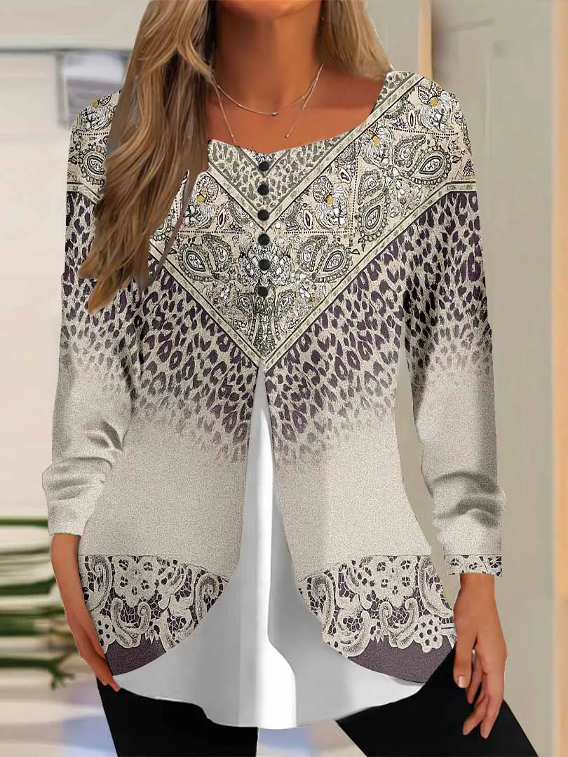 Women Graphic,Khaki DZGG8328 Long Sleeve Scoop Neck Printed Graphic Button Fake 2in1 Tops